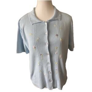 Koret Blue Embroidered Button Up Short Sleeve Sweater Size L Cotton Cottagecore